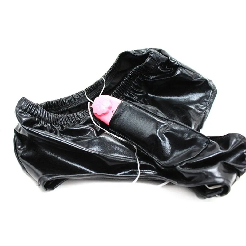 0436M  Faux Leather Vibrating Dildo Panties