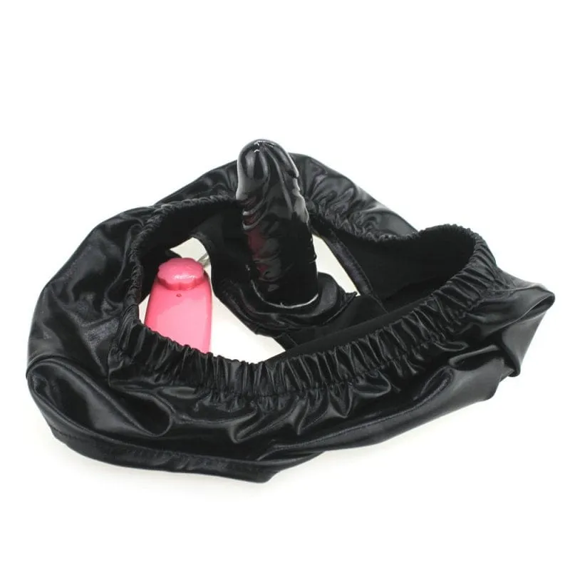 0436M  Faux Leather Vibrating Dildo Panties