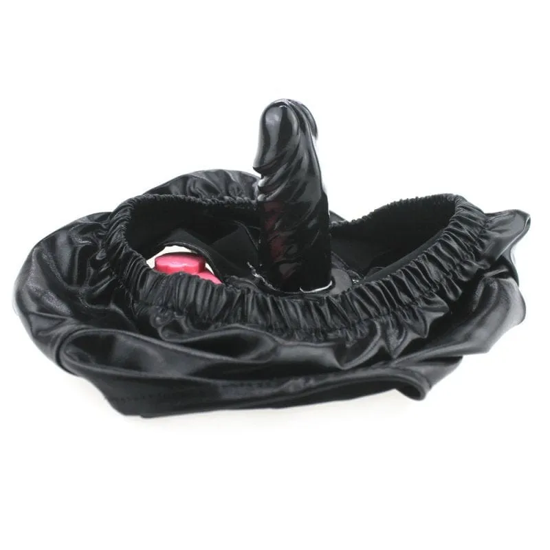 0436M  Faux Leather Vibrating Dildo Panties