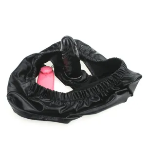 0436M  Faux Leather Vibrating Dildo Panties