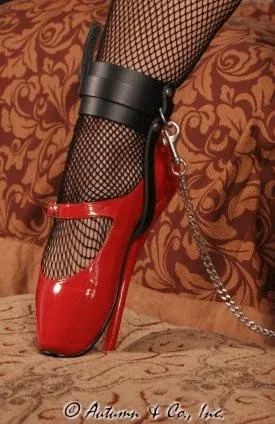 0751A-SIS      Sissy Slave Buckling Ankle & Shoe Cuffs. Black Leather
