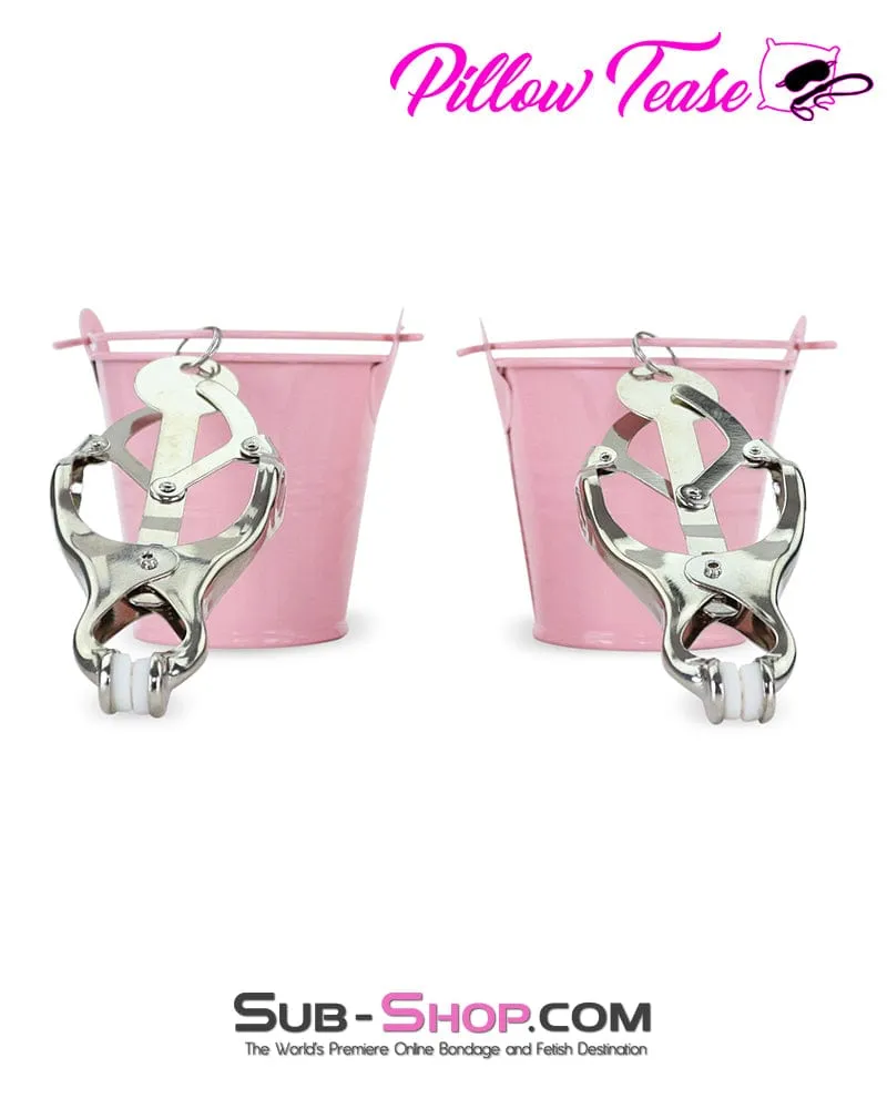 1780M-SIS      Prissy Sissy Boi Funishment Clover Clamps with Pink Dominant Female Weight Buckets