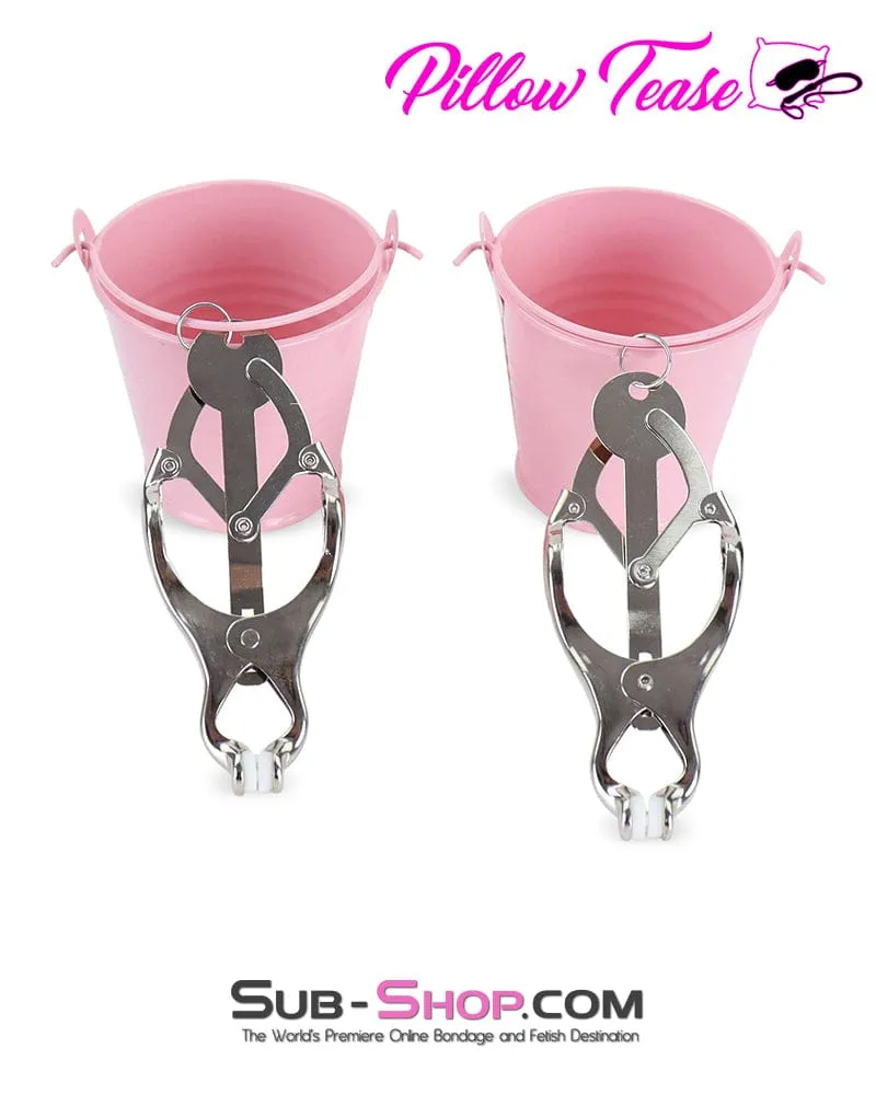 1780M-SIS      Prissy Sissy Boi Funishment Clover Clamps with Pink Dominant Female Weight Buckets