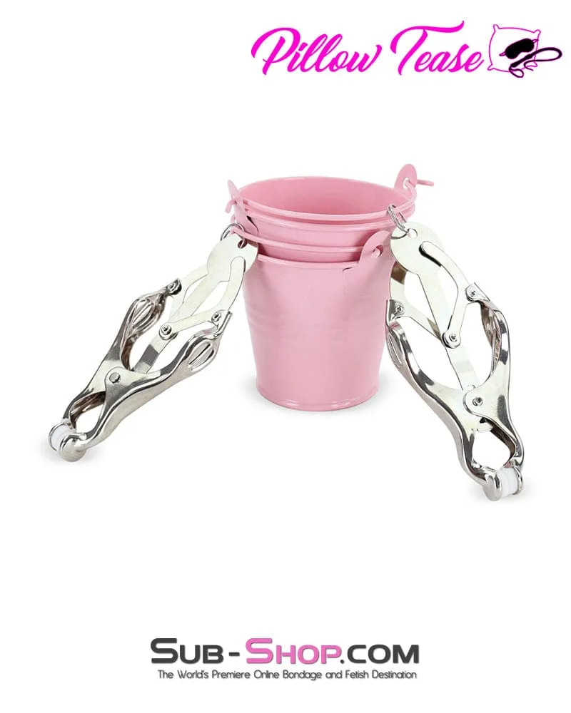 1780M-SIS      Prissy Sissy Boi Funishment Clover Clamps with Pink Dominant Female Weight Buckets