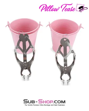 1780M-SIS      Prissy Sissy Boi Funishment Clover Clamps with Pink Dominant Female Weight Buckets