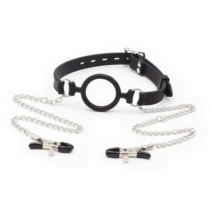 2225DL      Locking 2 Wide Black Silicone Comfort Ring Gag with Adjustable Nipple Clamps