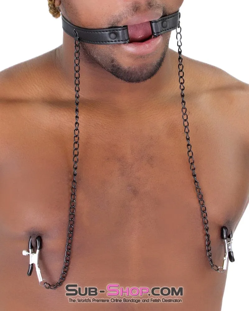 2258MQ-SIS      Oh-My Pretty Mistress Sessions Sissy Slave Ring Gag with Black Wicked Nipple Clamps Set