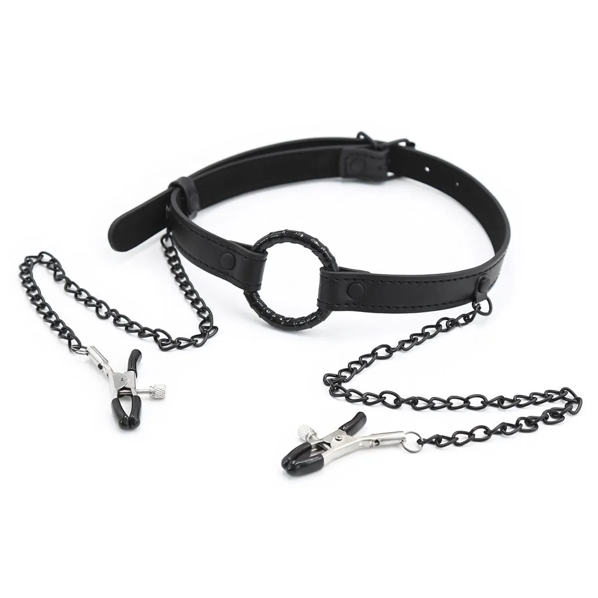 2258MQ-SIS      Oh-My Pretty Mistress Sessions Sissy Slave Ring Gag with Black Wicked Nipple Clamps Set