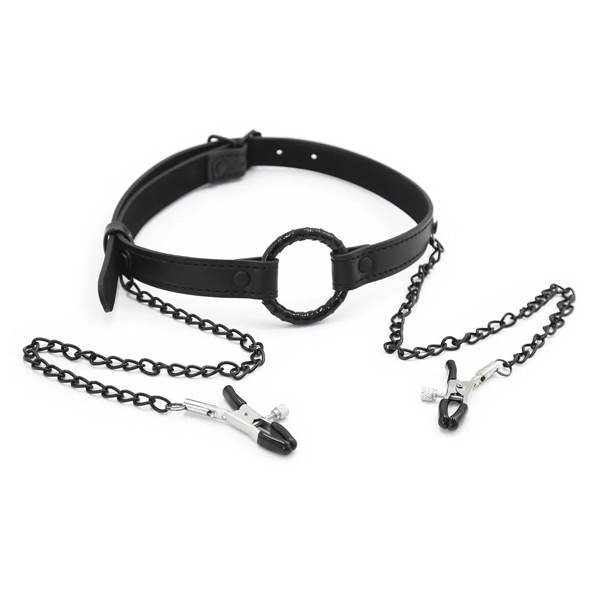 2258MQ-SIS      Oh-My Pretty Mistress Sessions Sissy Slave Ring Gag with Black Wicked Nipple Clamps Set