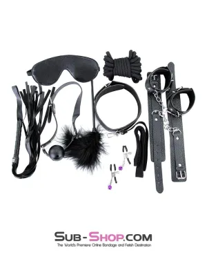2316M      Black Bondage Fantasy Rope. Cuffs. Collar. Clamps. Blindfold. Gag. Whip. Tickler and Connections Kit – 10 pcs