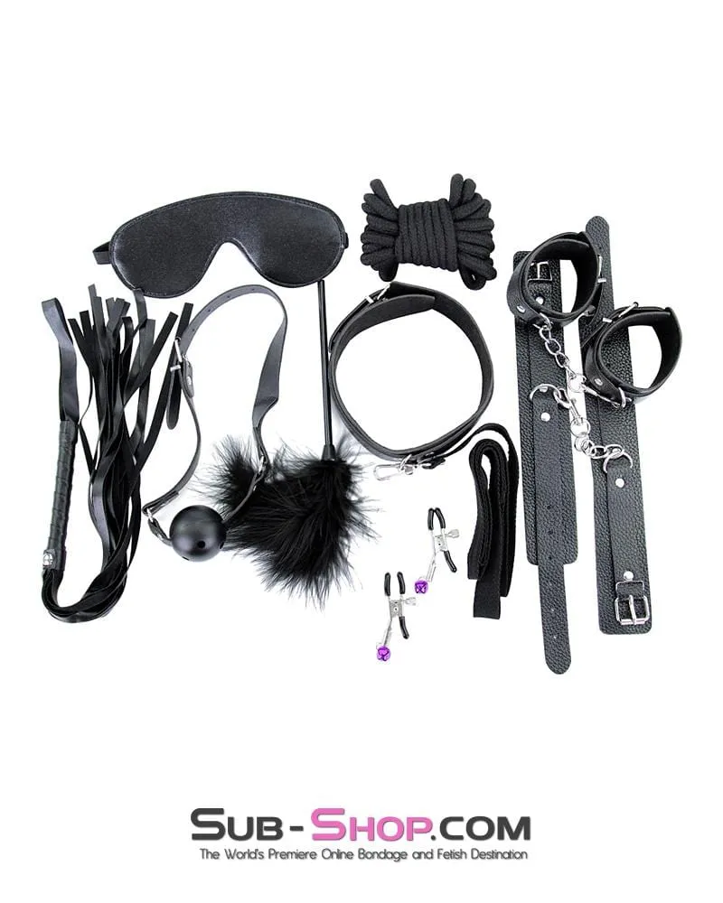 2316M      Black Bondage Fantasy Rope. Cuffs. Collar. Clamps. Blindfold. Gag. Whip. Tickler and Connections Kit – 10 pcs