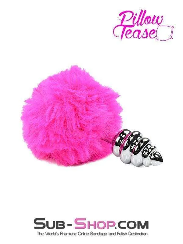 2478M-SIS      Sissy Pink Powder Puff Tail with Ribbed Chrome Anal Plug
