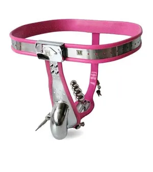 2511R      Cuckolded and Feminized Locking Stainless Steel Male Chastity Belt with Pink Rubber Lining and Steel Ripple Anal Plug