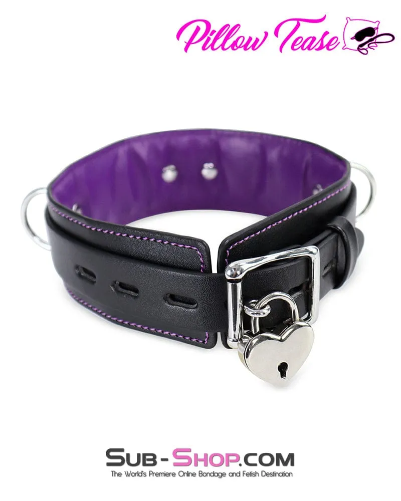 2669DL      Black 3 Ring Bondage Collar with Purple French Stitching