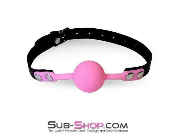 3480LT-SIS      Forced Fantasy Beginner's Riveted Rubber Sissy Bitch Ballgag. Sissy Princess Pink Ball