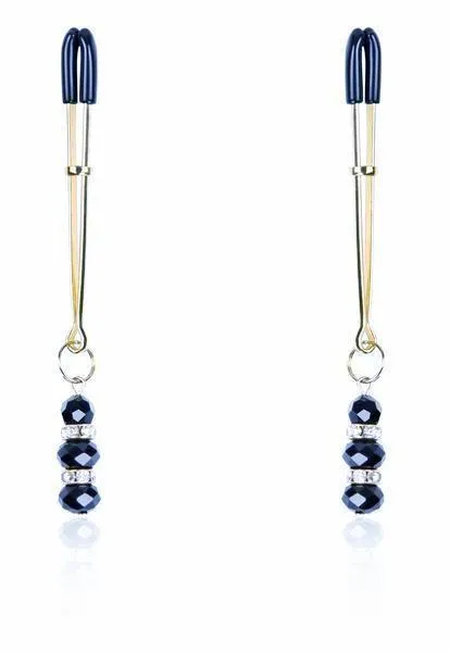 6779DL-SIS      Precious Sissy Boi Rhinestone Beaded Gold Tone Female Led Relationship Tweezer Cock and Ball Clamps Set