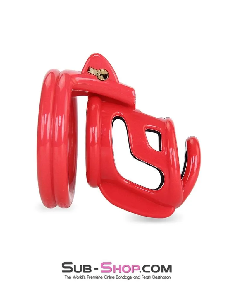 6967AE-SIS      Sissy Teasing Domme High Security Red and Black Locking Male Chastity Sensation Device