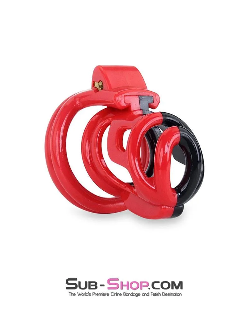 6967AE-SIS      Sissy Teasing Domme High Security Red and Black Locking Male Chastity Sensation Device
