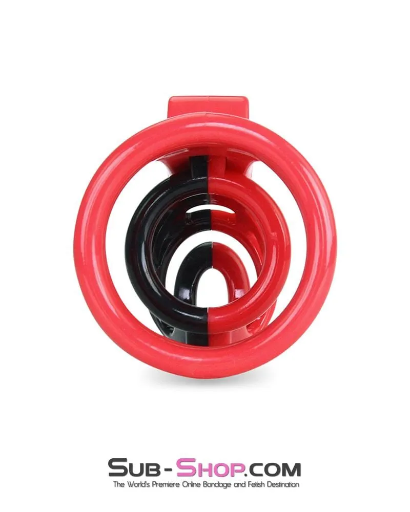 6967AE-SIS      Sissy Teasing Domme High Security Red and Black Locking Male Chastity Sensation Device