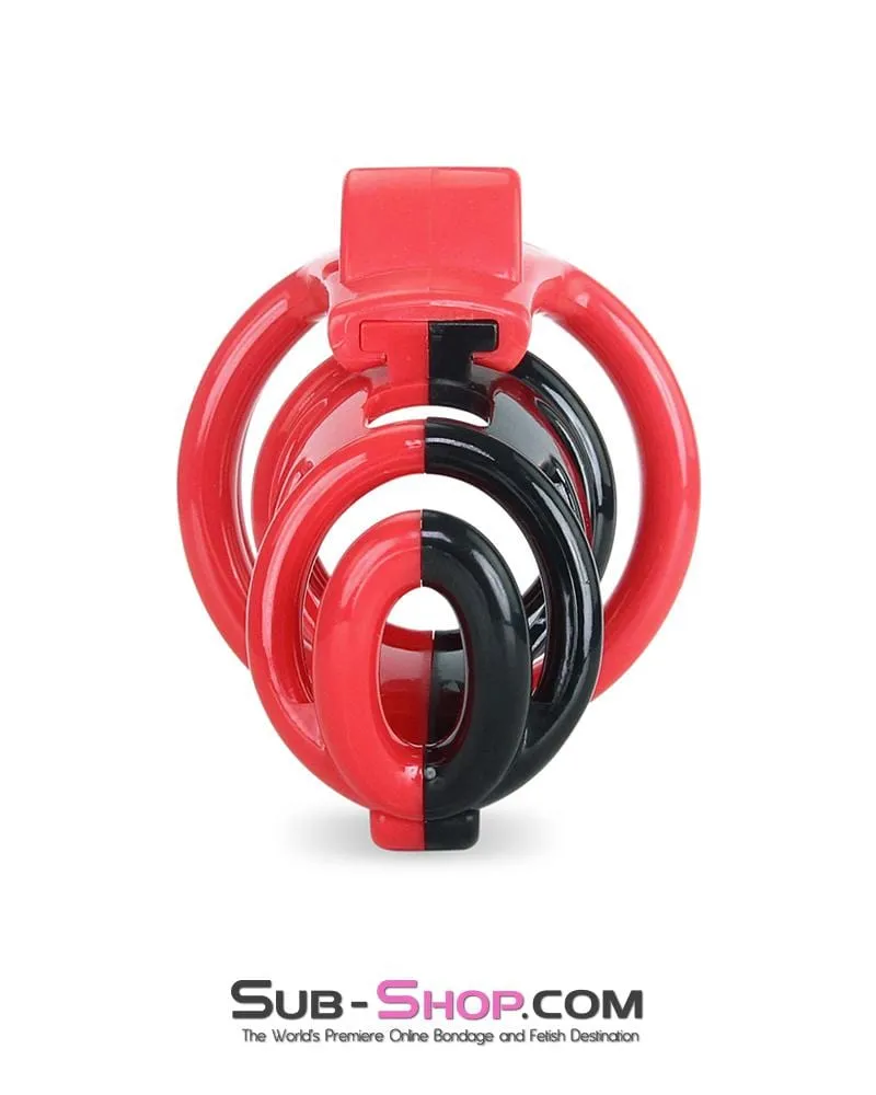 6967AE-SIS      Sissy Teasing Domme High Security Red and Black Locking Male Chastity Sensation Device