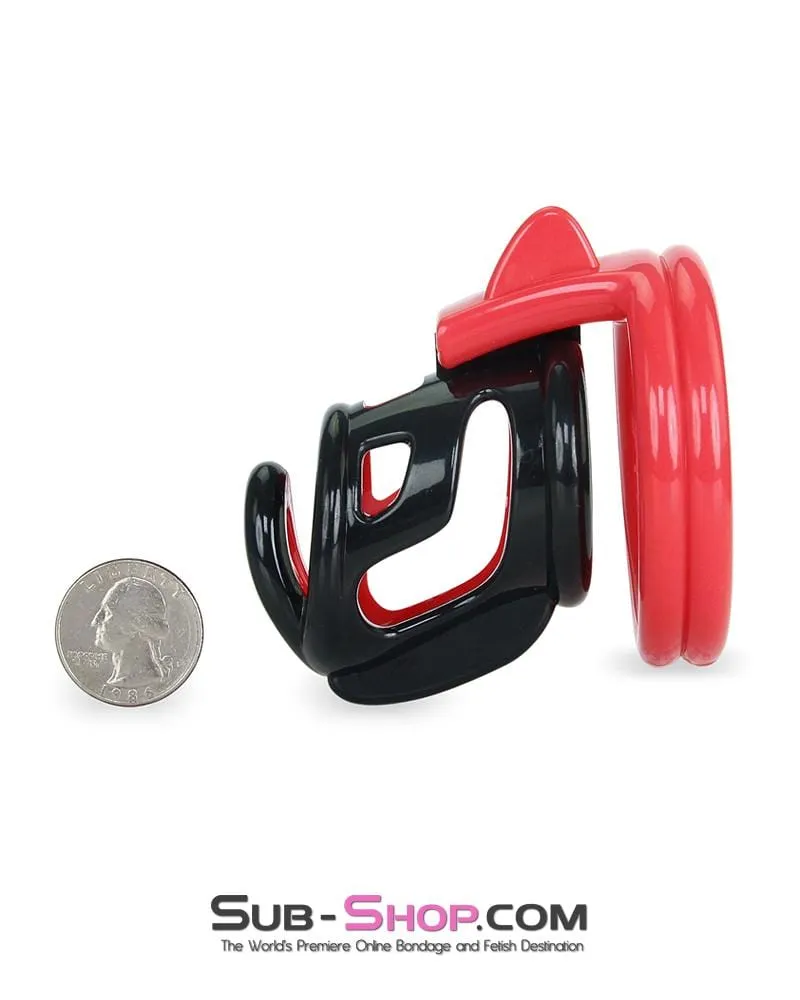 6967AE-SIS      Sissy Teasing Domme High Security Red and Black Locking Male Chastity Sensation Device