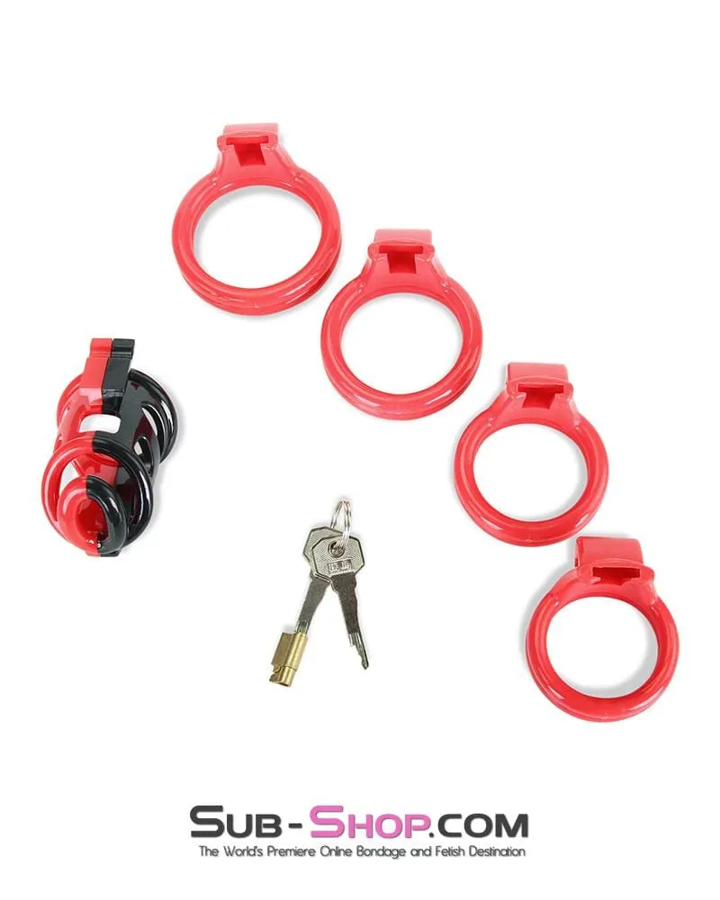 6967AE-SIS      Sissy Teasing Domme High Security Red and Black Locking Male Chastity Sensation Device