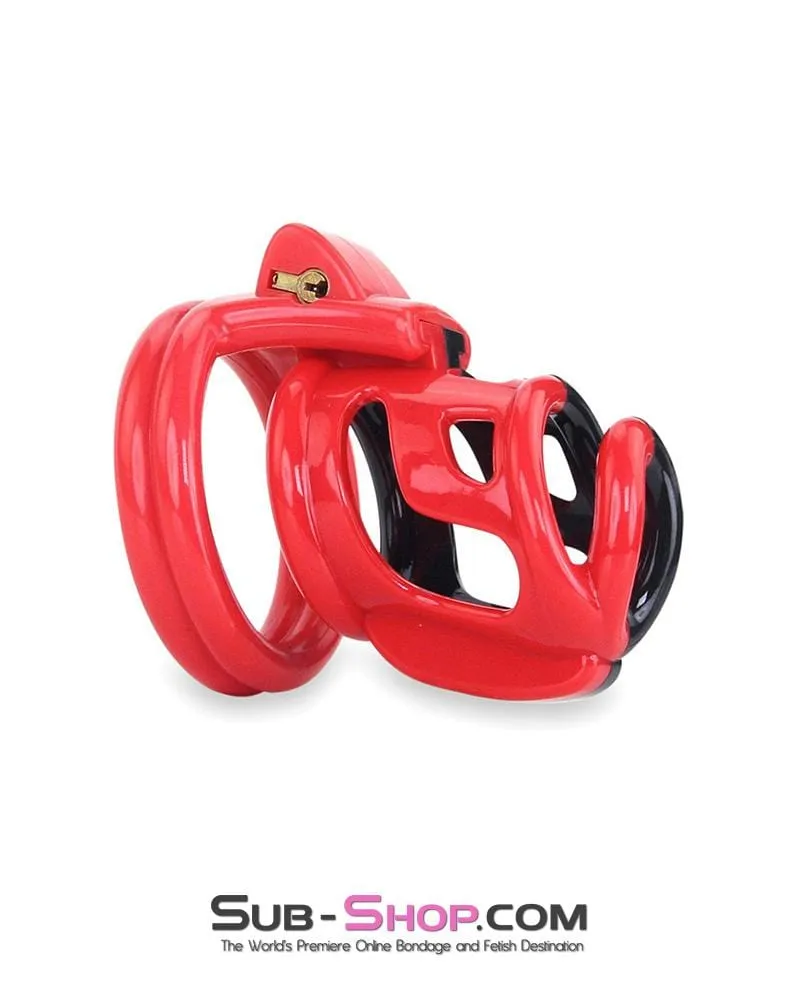 6967AE-SIS      Sissy Teasing Domme High Security Red and Black Locking Male Chastity Sensation Device