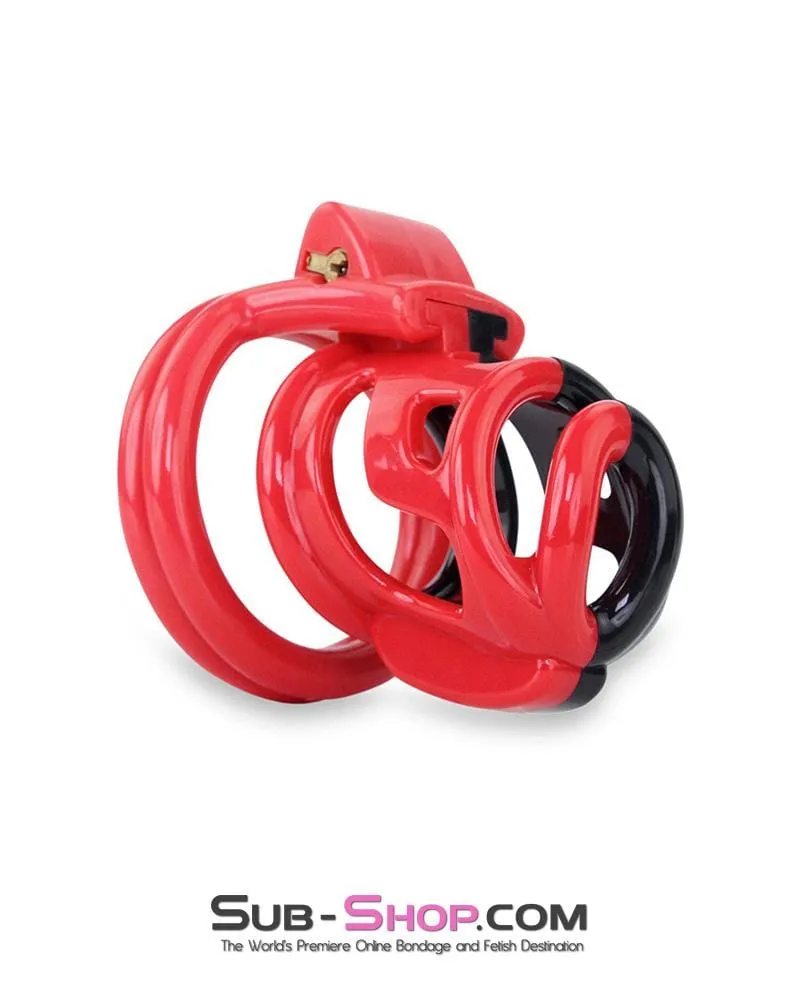 6967AE-SIS      Sissy Teasing Domme High Security Red and Black Locking Male Chastity Sensation Device