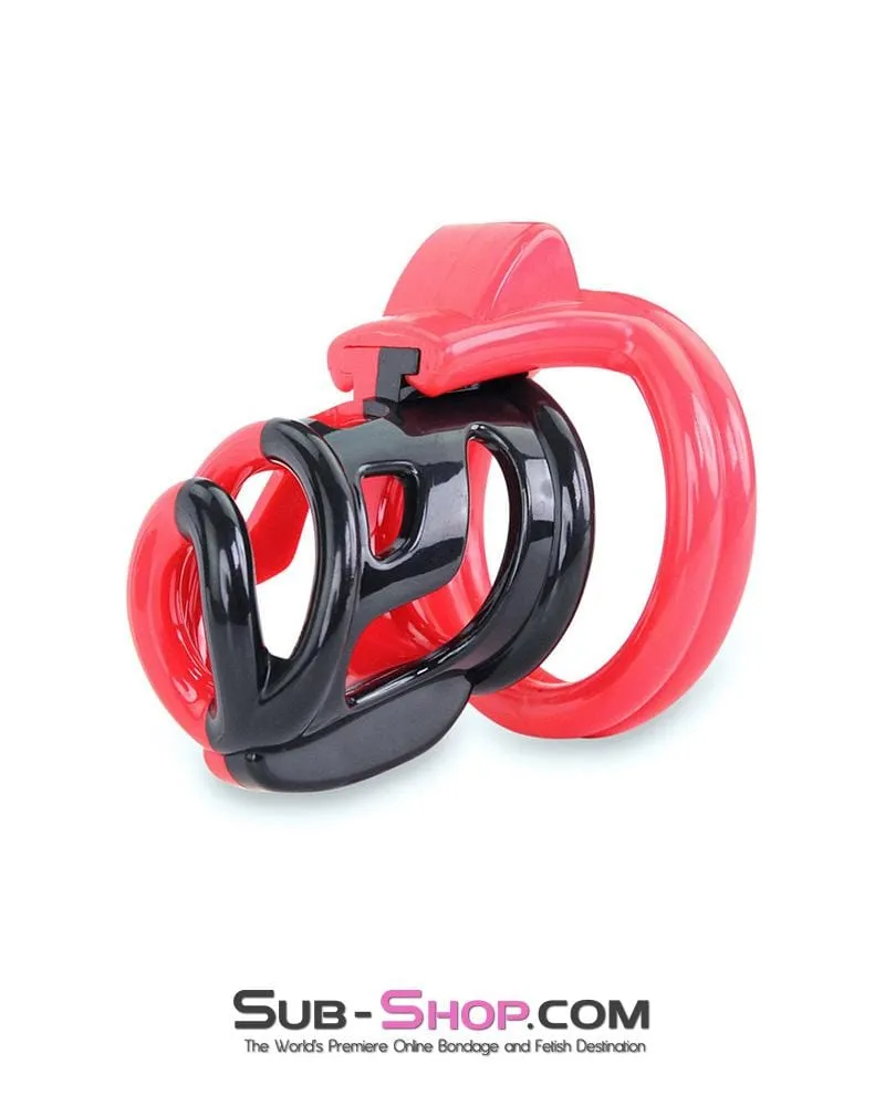 6967AE-SIS      Sissy Teasing Domme High Security Red and Black Locking Male Chastity Sensation Device