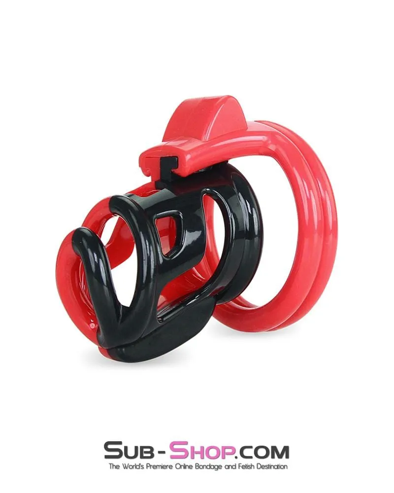 6967AE-SIS      Sissy Teasing Domme High Security Red and Black Locking Male Chastity Sensation Device