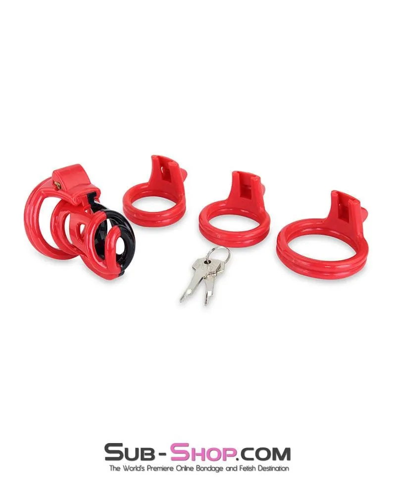 6967AE-SIS      Sissy Teasing Domme High Security Red and Black Locking Male Chastity Sensation Device