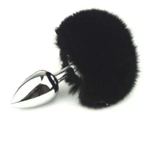 9831M-SIS      Bunny Hop Black Powder Puff Tail with Medium Chrome Sissy Cummies Butt Plug