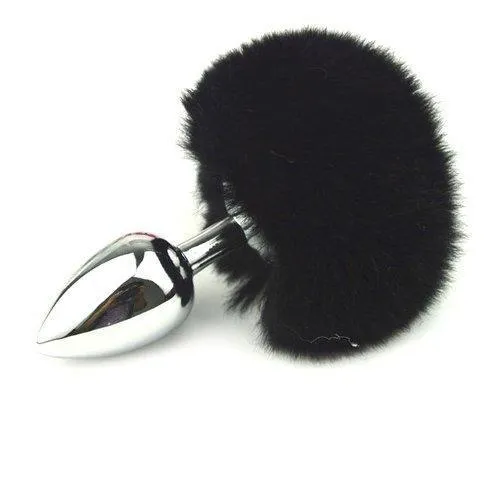 9831M-SIS      Bunny Hop Black Powder Puff Tail with Medium Chrome Sissy Cummies Butt Plug