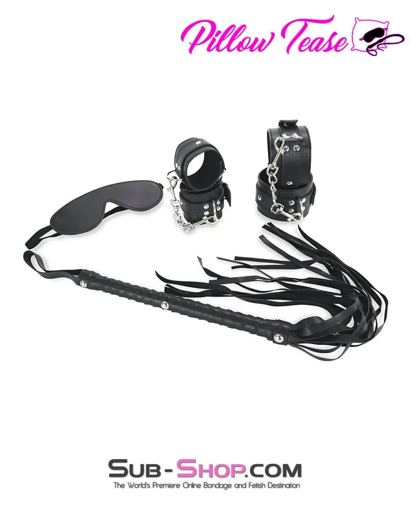 9975M      4 Pc Black Blindfold. Wrist and Ankle Cuffs   Whip Bondage Set