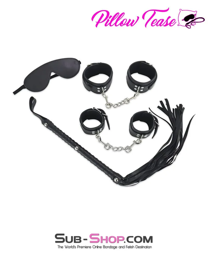 9975M      4 Pc Black Blindfold. Wrist and Ankle Cuffs   Whip Bondage Set