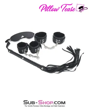 9975M      4 Pc Black Blindfold. Wrist and Ankle Cuffs   Whip Bondage Set