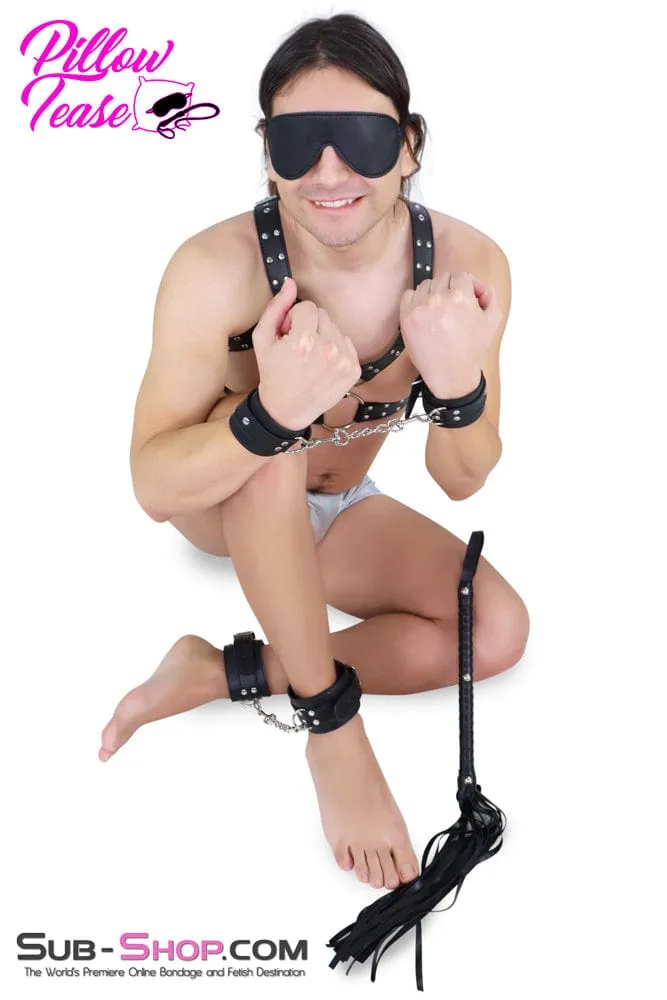9975M      4 Pc Black Blindfold. Wrist and Ankle Cuffs   Whip Bondage Set