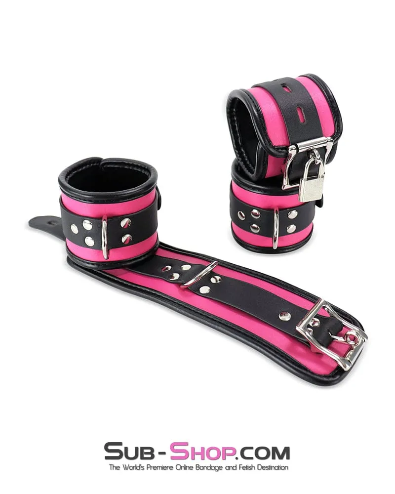 9995DL-SIS      Hot Pink Sissy 6 Piece Bondage Collar. Wrist Cuffs. Ankle Cuffs and Blindfold Set