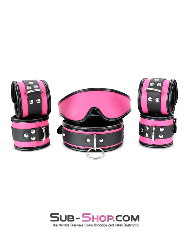 9995DL-SIS      Hot Pink Sissy 6 Piece Bondage Collar. Wrist Cuffs. Ankle Cuffs and Blindfold Set