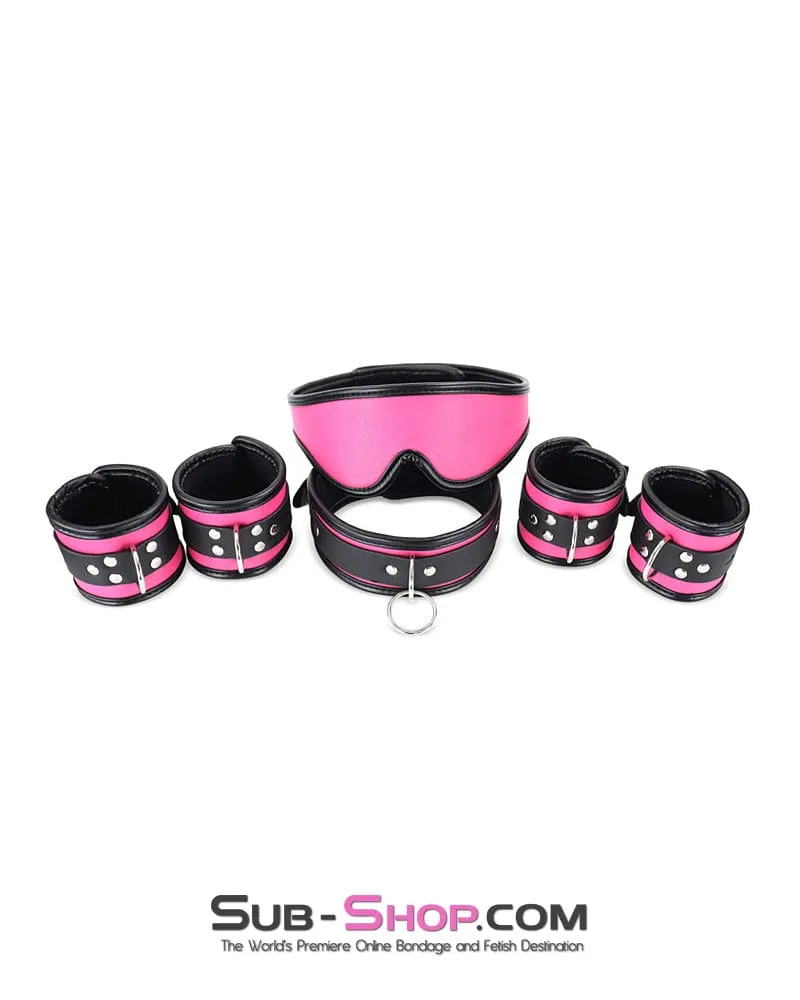 9995DL-SIS      Hot Pink Sissy 6 Piece Bondage Collar. Wrist Cuffs. Ankle Cuffs and Blindfold Set