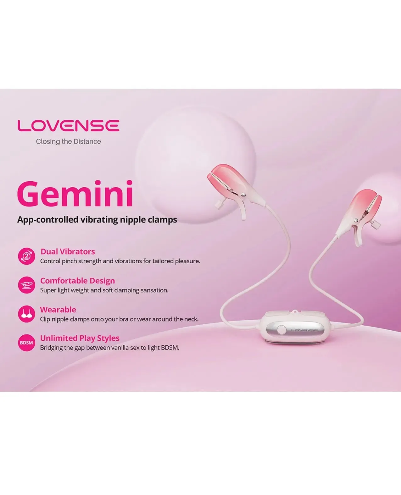 BDSM Nipple Torture Lovense Gemini Vibrating Bluetooth Nipple Clamps - Pink
