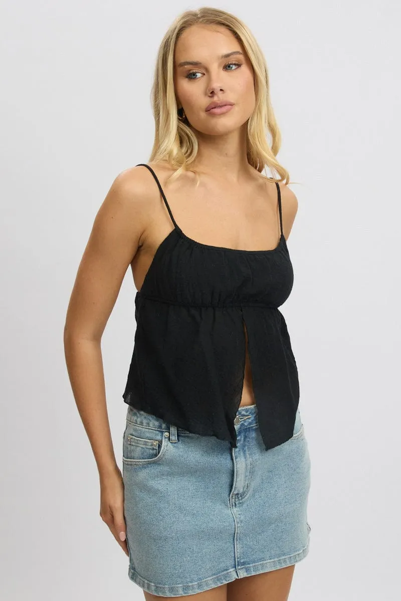 Black Cami Top Open Front Textured