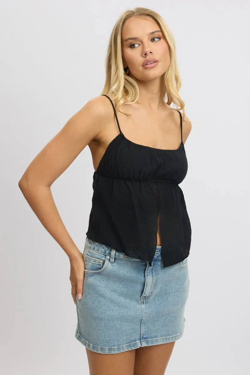 Black Cami Top Open Front Textured