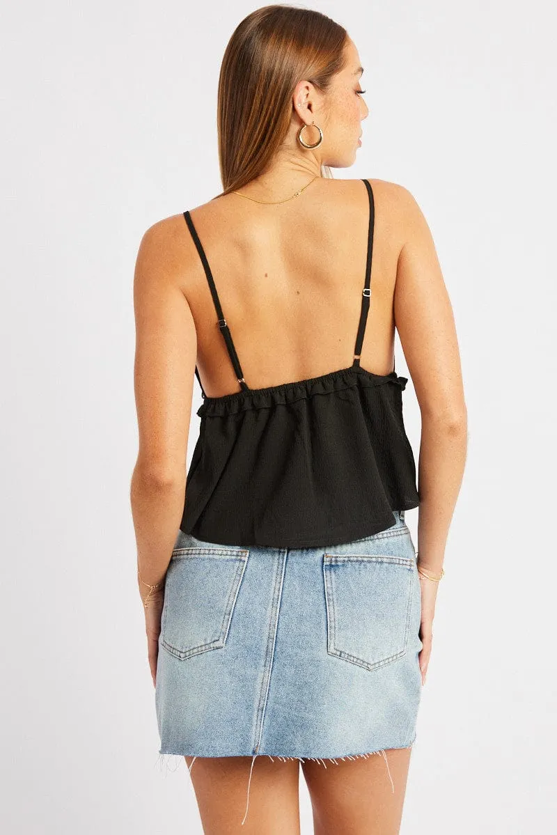 Black Cami Top Ribbon Textured Frill