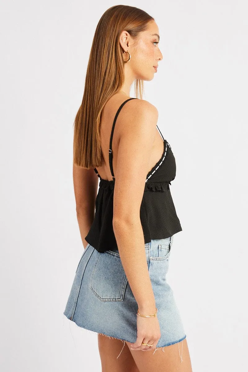 Black Cami Top Ribbon Textured Frill