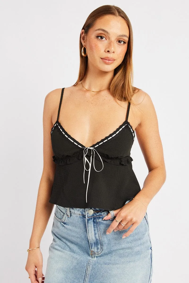 Black Cami Top Ribbon Textured Frill