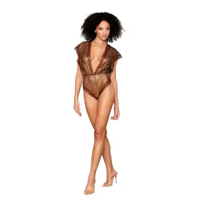 Delicate Gold-Foil Lace Blouson Teddy & Rhinestone Metal Underwire Bra Set Gold XL