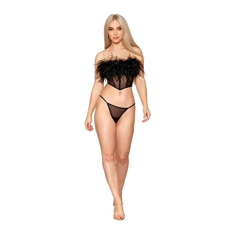 Dreamgirl Corset Lingerie Set Stretch Mesh Bustier with Removable Feather Trim and G-String Set Black L