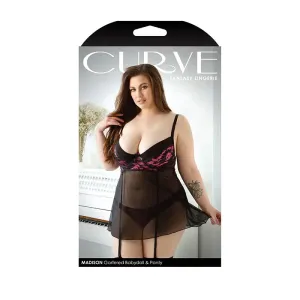 Fantasy Lingerie Curve Madison Gartered Lace & Mesh Babydoll. Panty Black/Pink 3XL/4XL