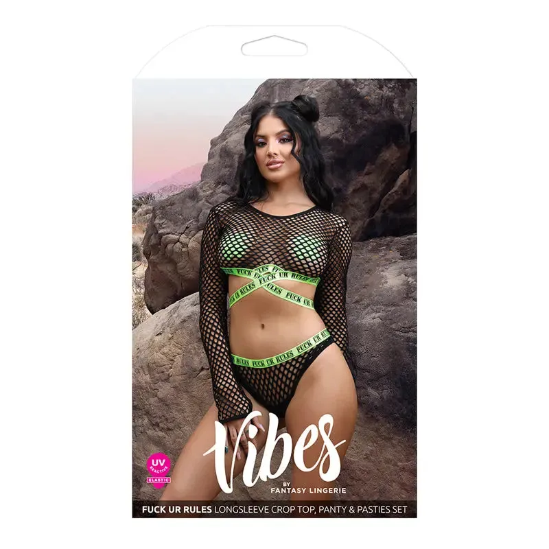 Fantasy Lingerie Vibes Fuck Ur Rules UV Reactive Longsleeve Fishnet Top. Panty. Pasties Black S/M
